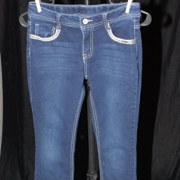 Faded Glory Dark Blue Jeans Size 12 Girls Flared Bottoms Stitched Pocket Design - Picture 3 of 7